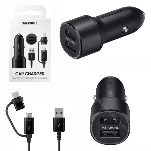 Samsung auto punjač 15W 2xUSB-A + combo kabl micro i Type-C crna