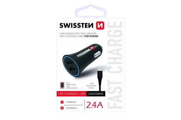 Swissten Auto punjač 2,4A 2X USB + kabl Lightning 1,2m crna