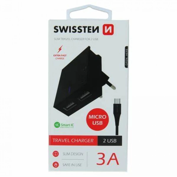 Swissten punjač 2x USB 3A+ kabl micro  USB 1,2m crna