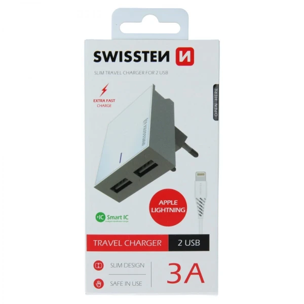 Swissten punjač 2x USB 3A + kabl Lightning 1,2m bela