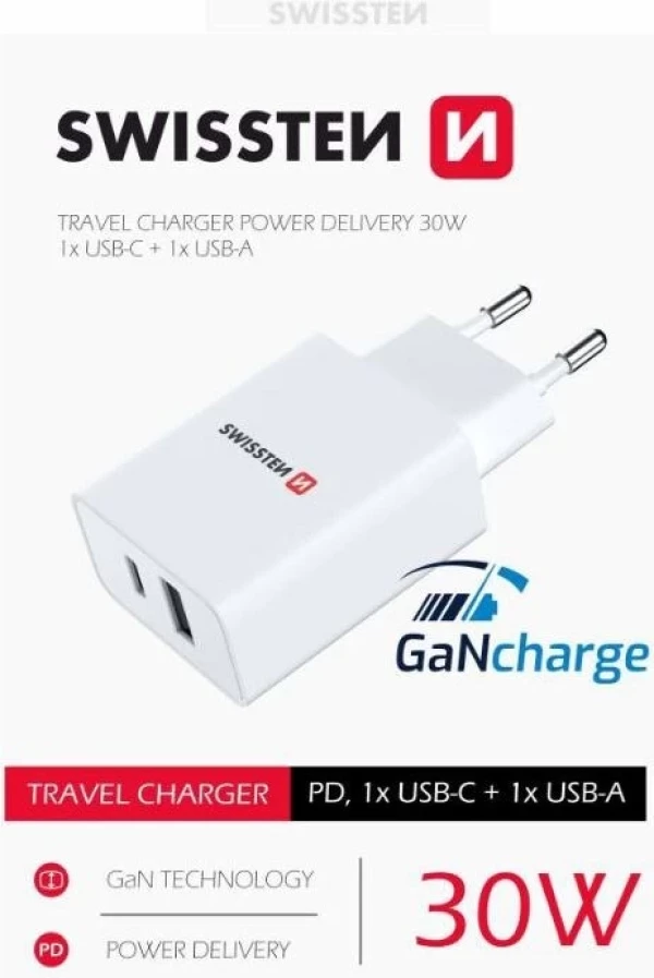 Swissten punjač 1xUSB+ 1X USB C GaN charge 30W bela