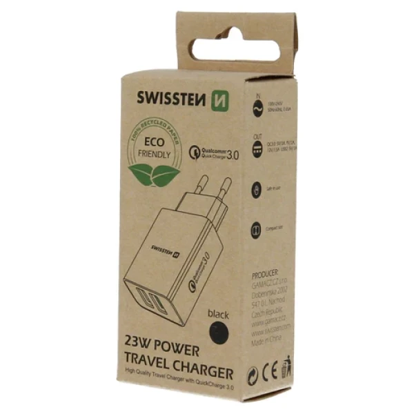 Swissten punjač  Eco Pack 2x USB 23W crna