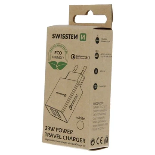 Swissten punjač  Eco Pack 2x USB 23W bela