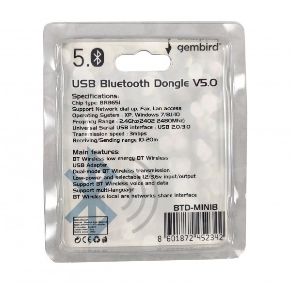 BTD-MINI8 ** Gembird USB2.0/3.0  Bluetooth dongle v5.0, 2.4Ghz 3MB/s(24Mbps) 8dBm 20m BR8651(399)