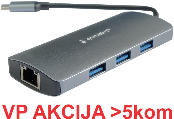 A-CMU3-LAN-05 ** Gembird TYPE C TO RJ45 gigabit + 3xUSB3.1 hub ALUMINIUM (alt. A-CMU3-LAN-01 1077)