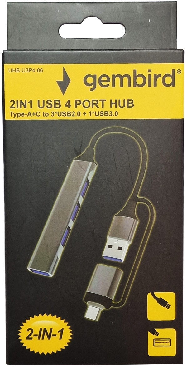 UHB-U3P4-06 ** Gembird HUB Type-A+C to 3*USB2.0 + 1*USB3.0 Aluminum (287)