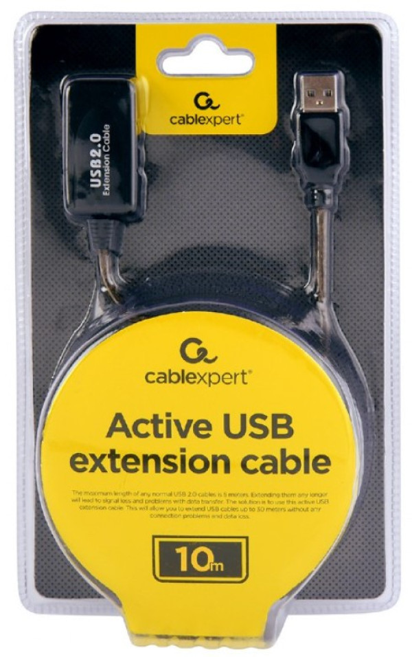 UAE-01-10M Gembird USB 2.0 active extension cable, black color, bulk package, 10m