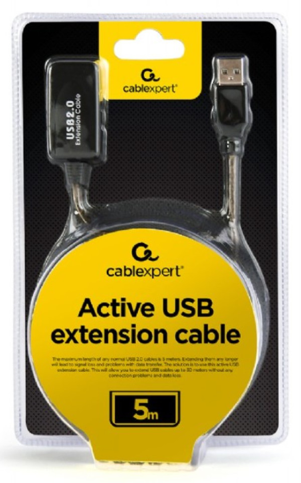 UAE-01-5M Gembird USB 2.0 active extension cable, black color, bulk package, 5m