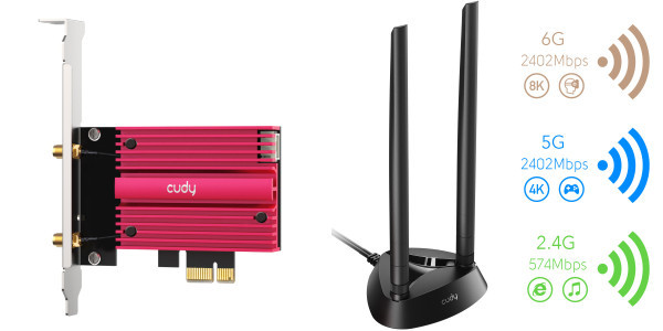 Cudy WE4000 AX5400 Wi-Fi 6/6E Bluetooth 5.2 PCIe Adapter, Tri-Band 2,4G/5G/6G, 2x5dBi Antenna