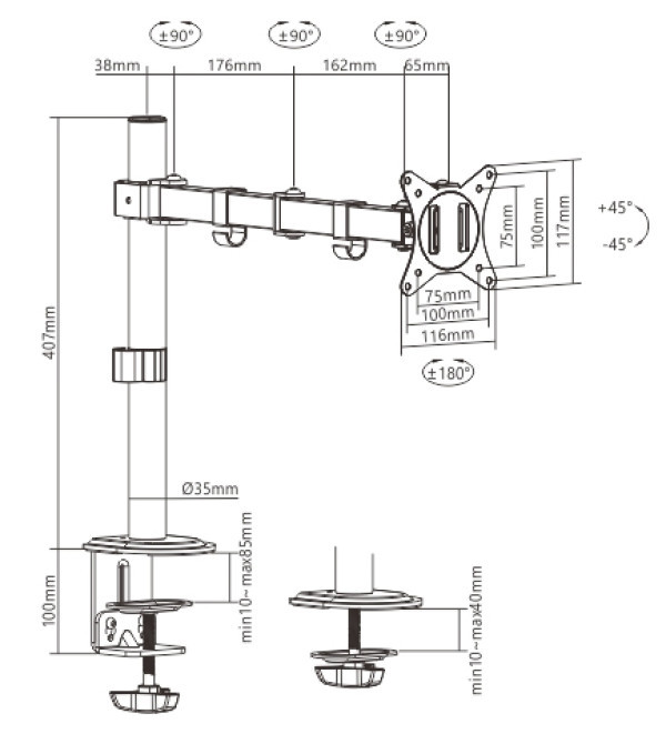 MA-D1-01 Gembird Podesivi stoni drzac za monitor jedna ruka-Produzeni, tilt, 17-32 max.9kg