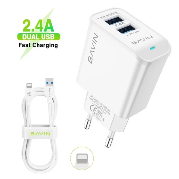 BAVIN punjač 2xUSB-A 2,4A +kabl lightning bela