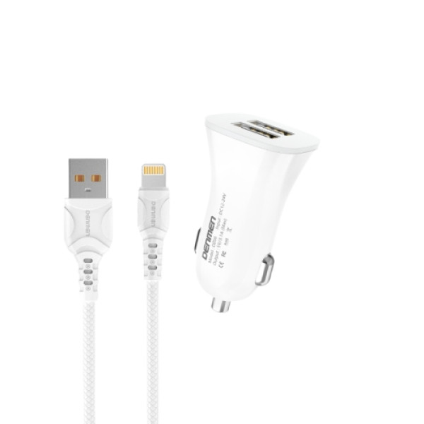 DENMEN DZ06L Auto punjač 2xUSB Fast 3,1A + Lightning kabl BELI